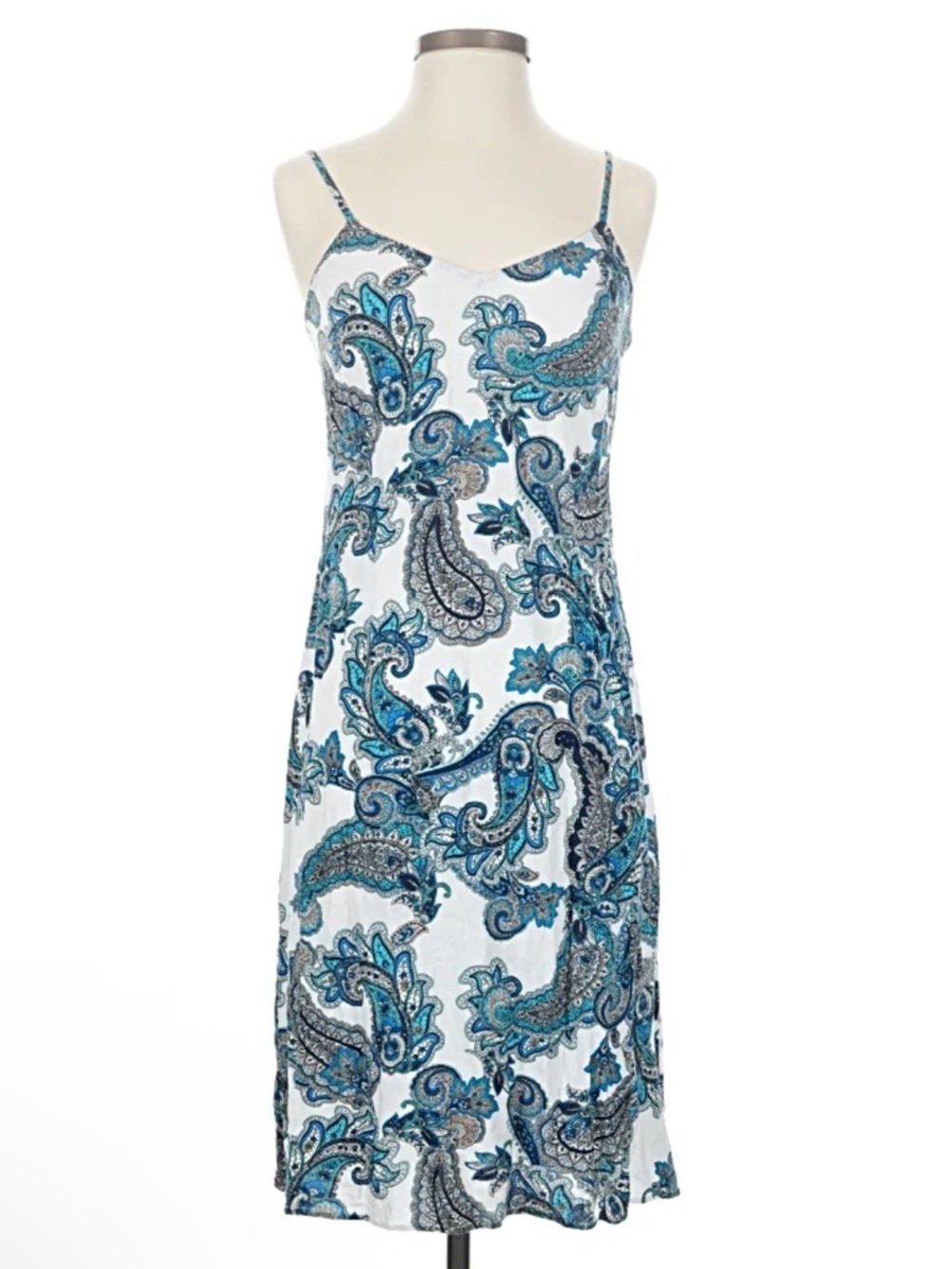 Express Spaghetti Strap Midi Slip Dress in White w Teal & Navy Paisley, Sz M
